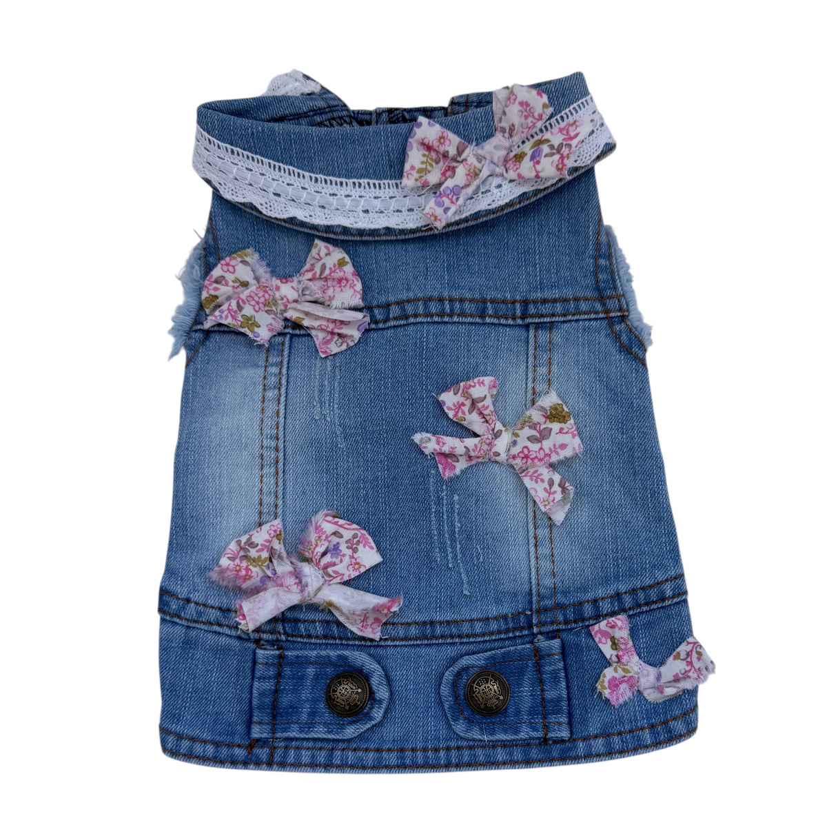 Denim vest with floral bows on a white background