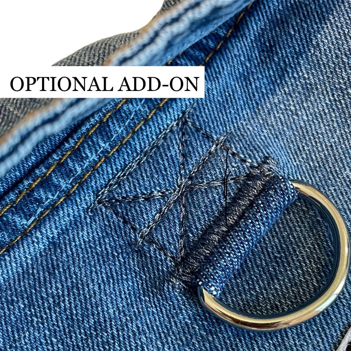 Close-up of a blue denim fabric with a silver ring and stitching detail, labeled 'Optional Add-On'.