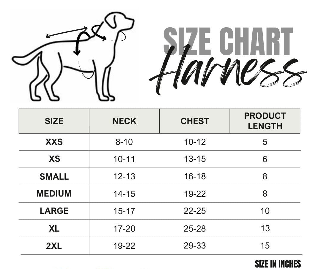 Dog harness size chart with measurements in inches