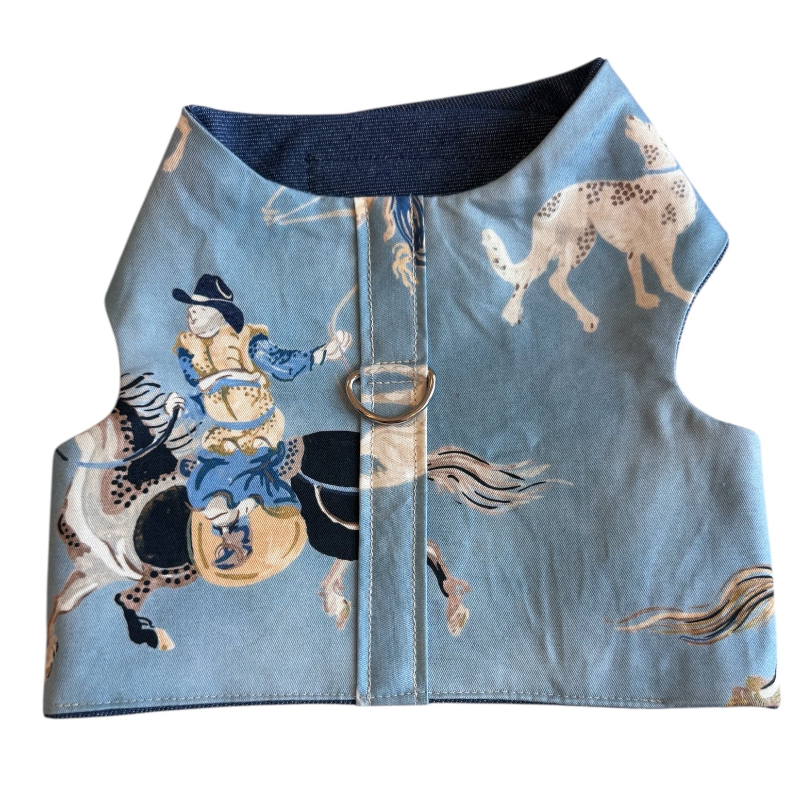 Dog harness with horse and rider design on a light blue background