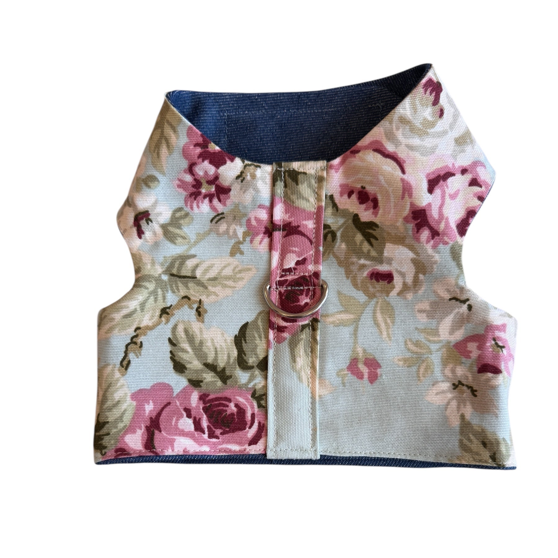 Floral patterned dog harness on a white background
