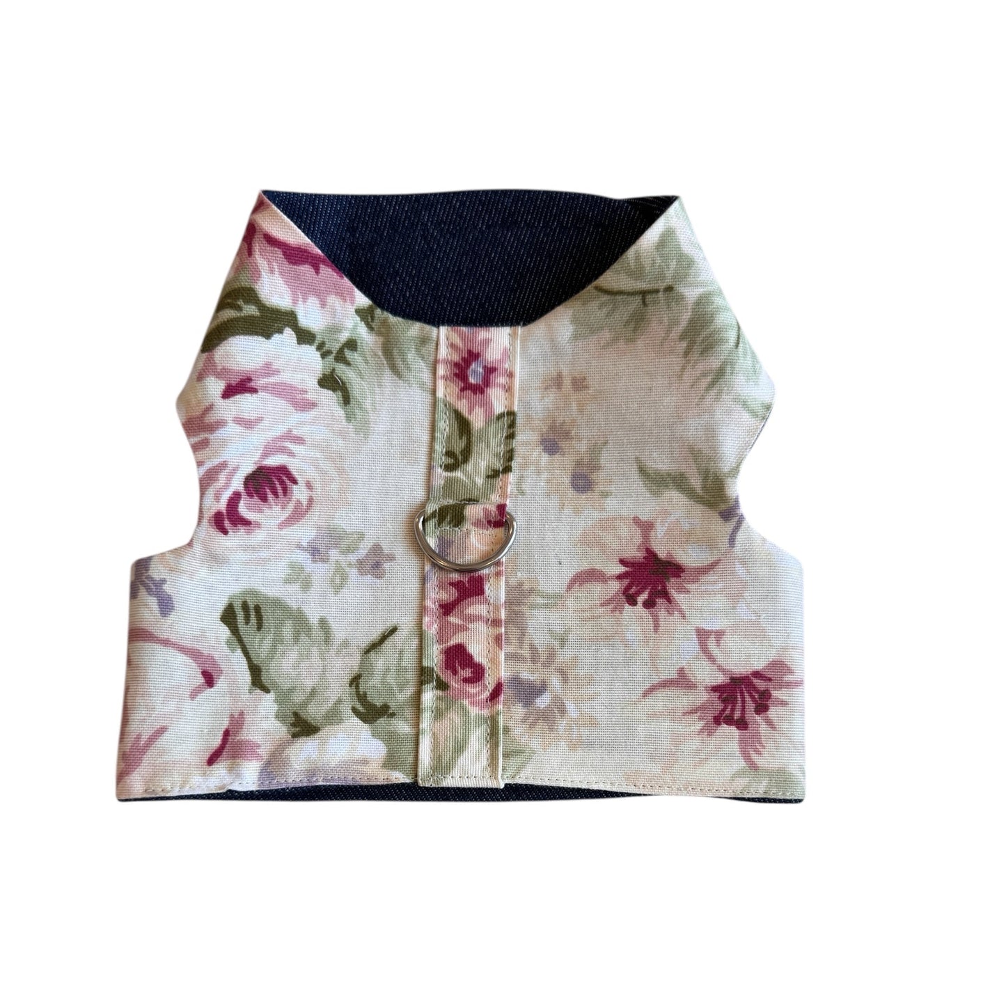 Floral patterned dog harness on a white background