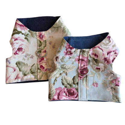 Floral patterned dog harness on a white background