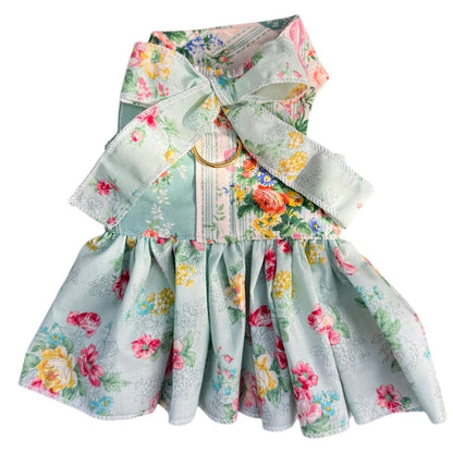 Floral dress with ruffled details on a white background