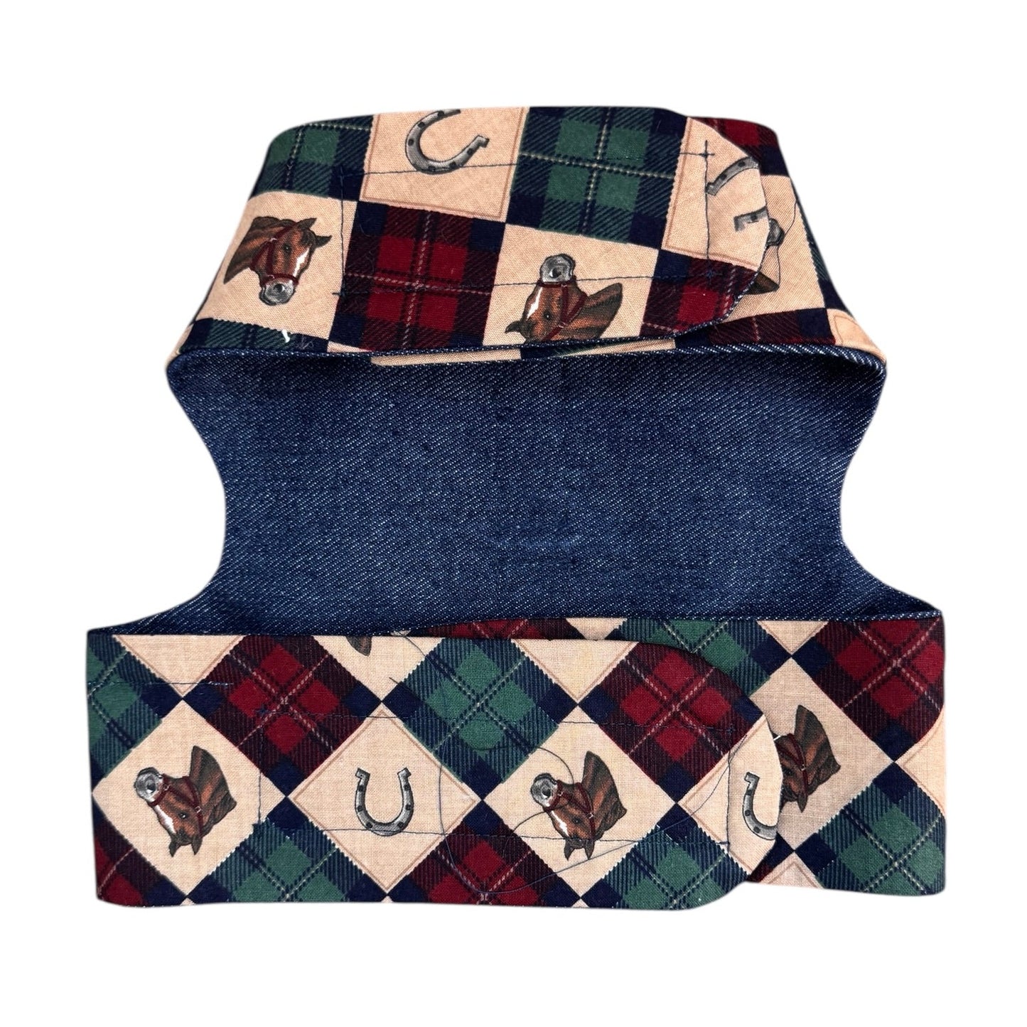 Dog harness with plaid pattern and denim back on a white background