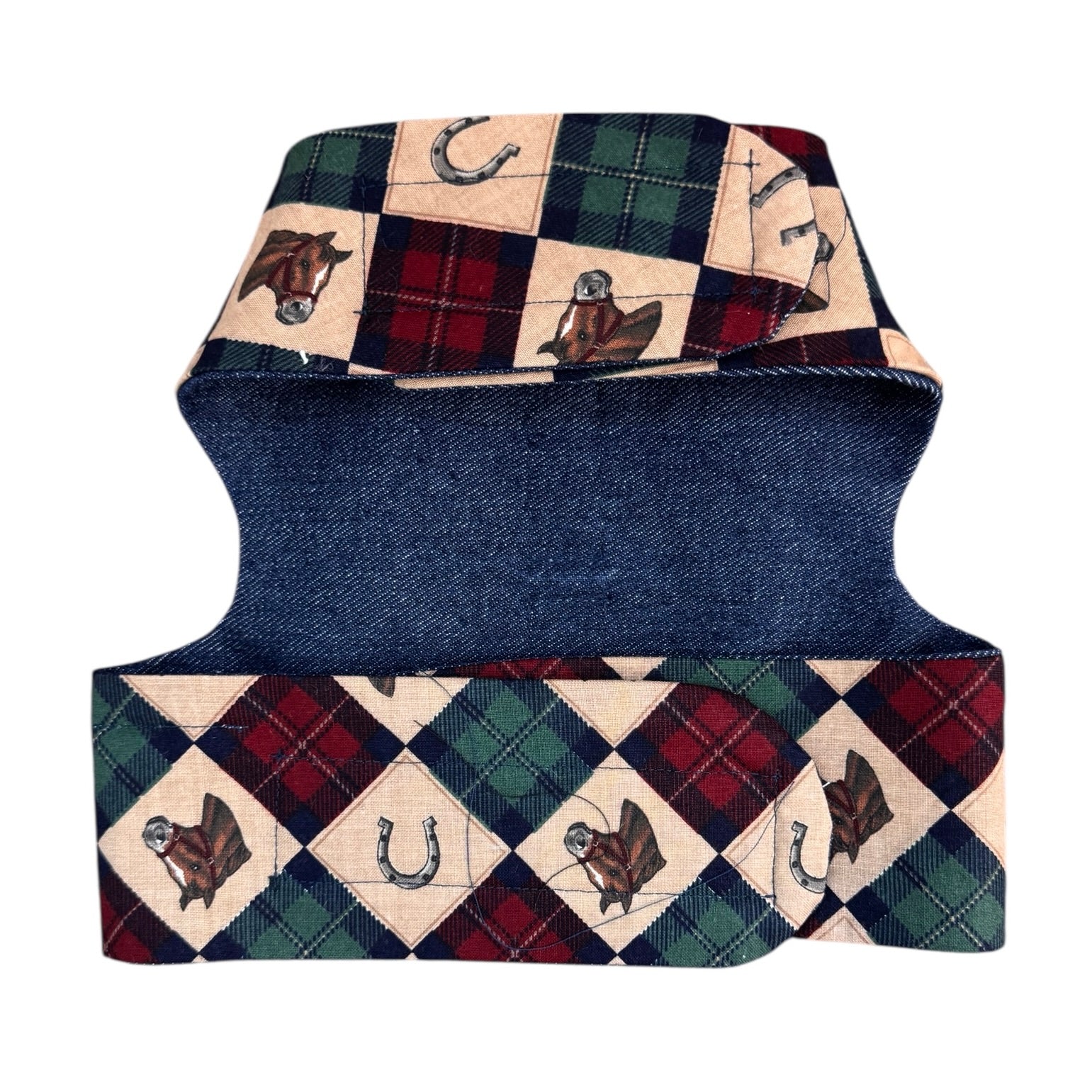 Dog harness with plaid pattern and denim back on a white background