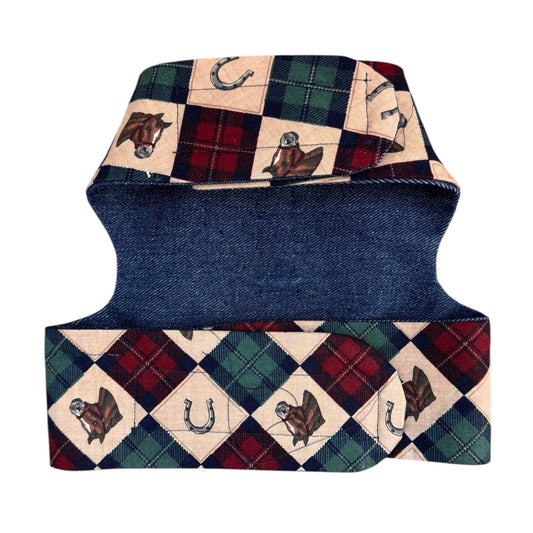 Dog harness with plaid pattern and denim back on a white background