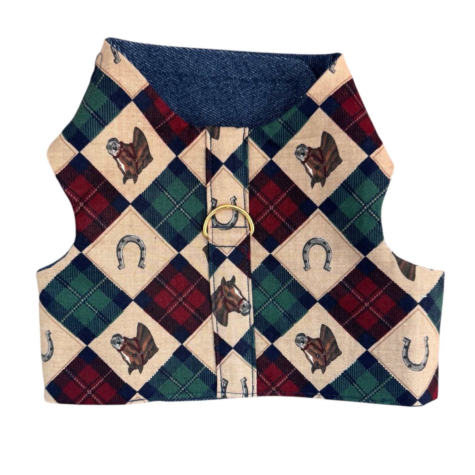 Dog harness with plaid pattern and horse design on a white background