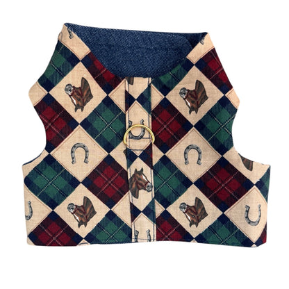 Dog harness with plaid pattern and horse design on a white background