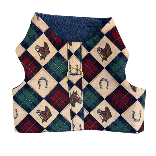 Dog harness with plaid pattern and horse design on a white background