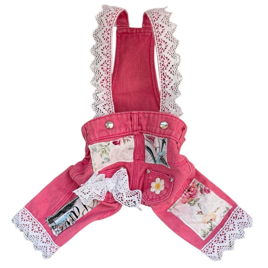 Pink denim overalls with lace trim and floral patterns on a white background