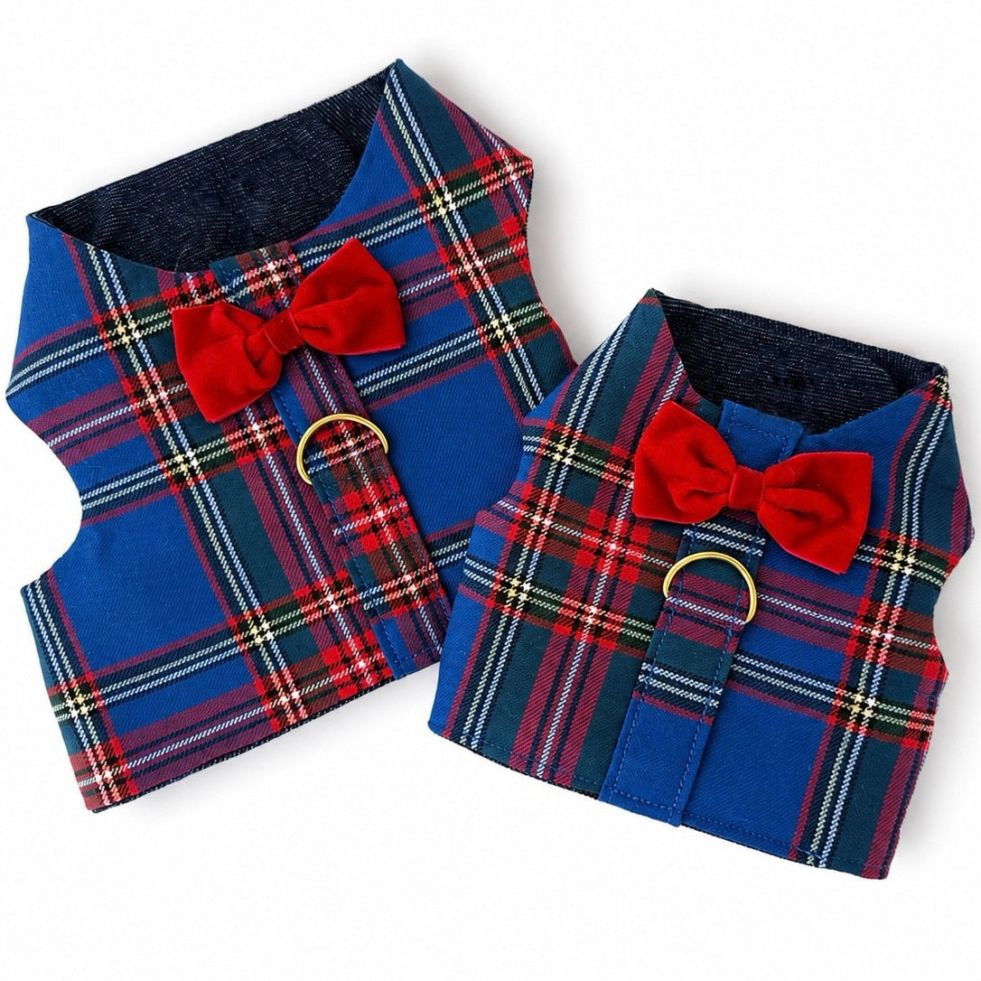 Two small dog harnesses in a blue tartan plaid pattern with red bow ties and gold metal rings, displayed on a clean white background.