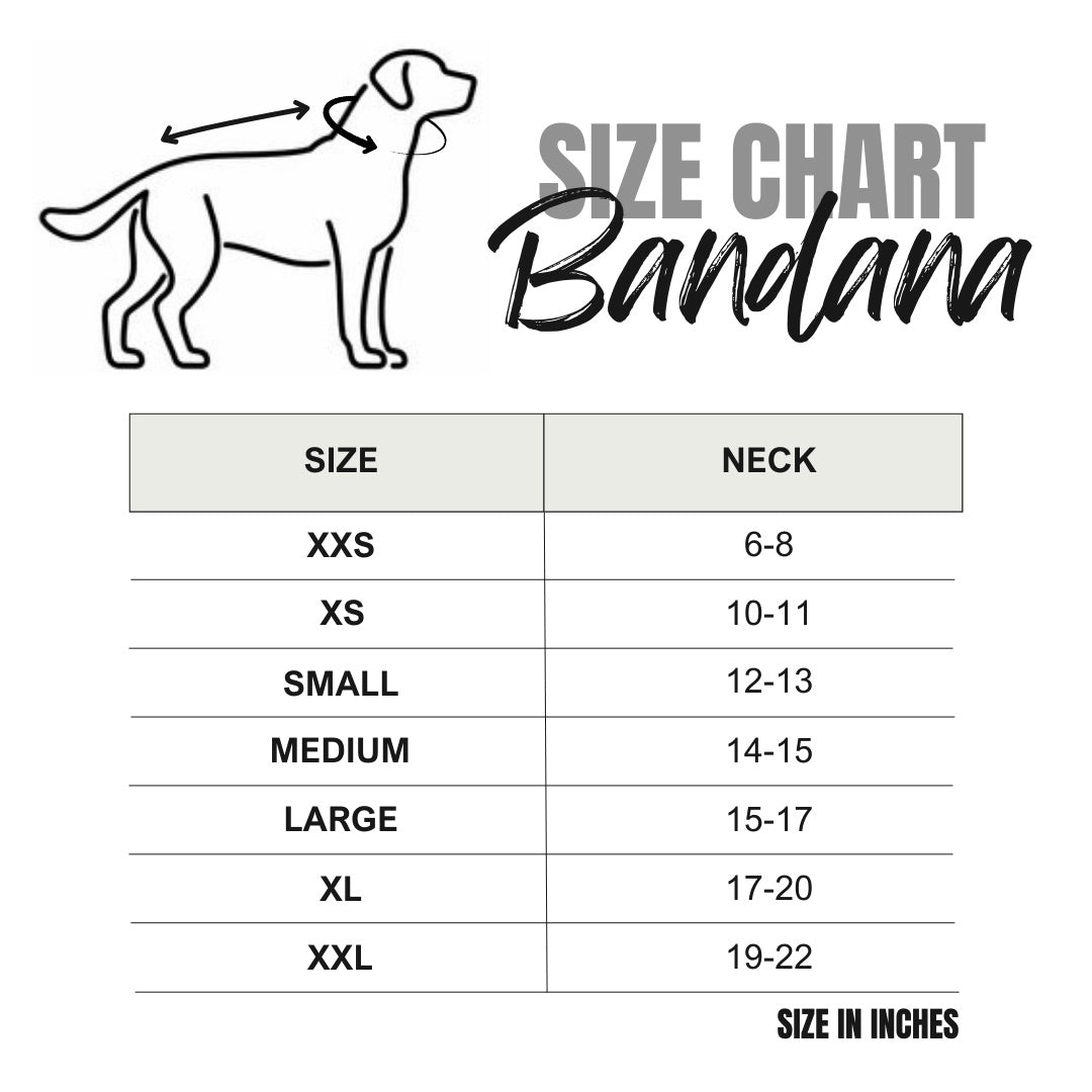 Dog bandana size chart with neck measurements in inches