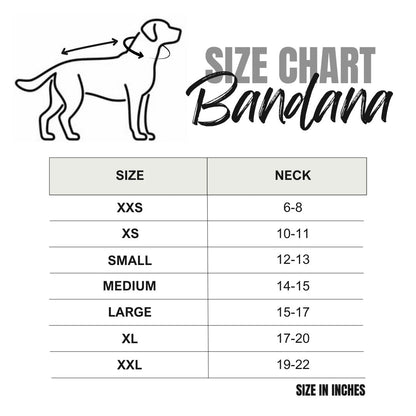 Dog bandana size chart with neck measurements in inches