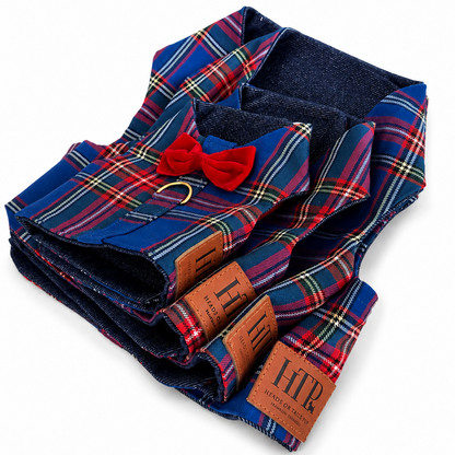 Folded plaid pet harnesses with a red bow tie and brown faux-leather brand tabs, shown on a clean white background. The brand 'HTP' is clearly visible on the tabs.