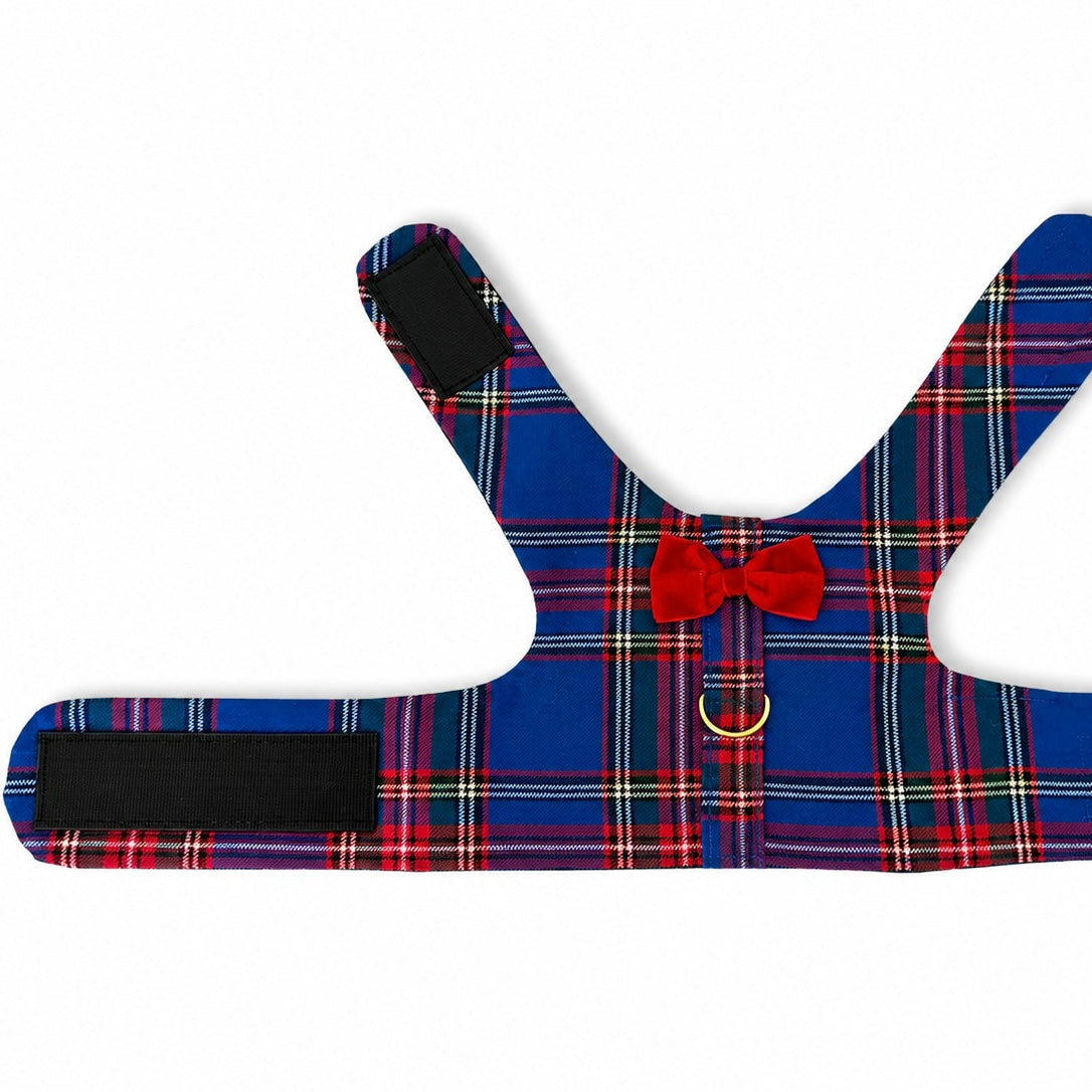 A blue tartan plaid dog harness with a red bow tie detail, gold metal ring, and black velcro closures, shown flat on a white background.