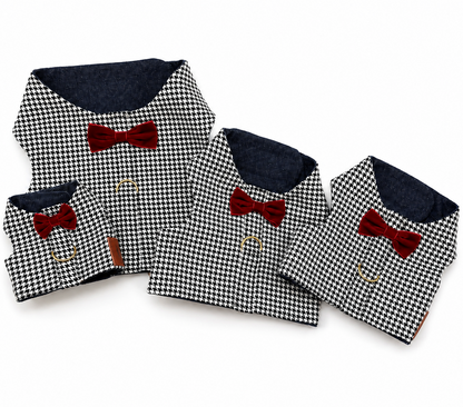 Three matching pet harnesses with red bow-tie details, arranged on a white background.