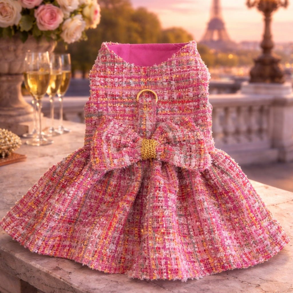 open lace back dress The Paris Pink Tweed Couture Dog Harness Dress – Heads or Tails Pup