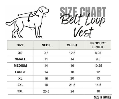 Size chart for a belt loop vest with measurements in inches.