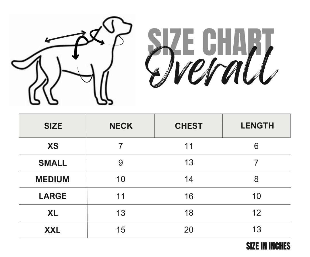 Dog size chart for overall measurements with neck, chest, and length dimensions in inches.