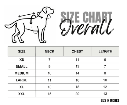Dog size chart for overall measurements with neck, chest, and length dimensions in inches.