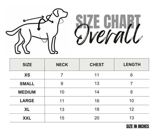 Dog size chart for overall measurements with neck, chest, and length dimensions in inches.