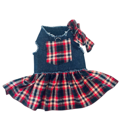 Dog dress with plaid pattern and denim top on a white background