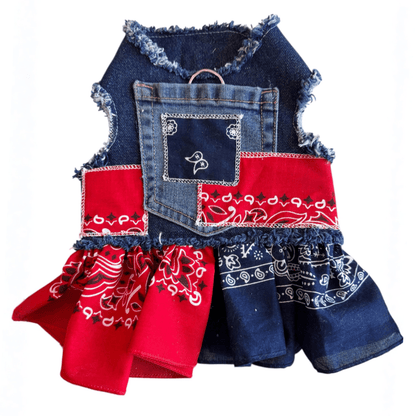 Denim dress with red and blue patterns on a white background