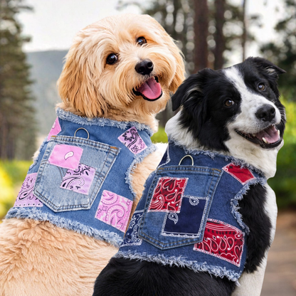 Two dogs wearing denim vests with colorful patches outdoors.