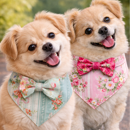 Two dogs wearing floral bandanas with bows, one pink and one blue, against a blurred natural background.