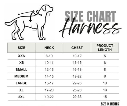 Dog harness size chart with measurements in inches