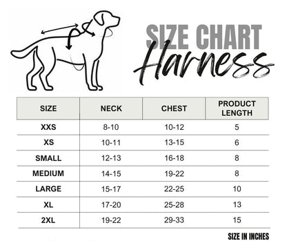 Dog harness size chart with measurements in inches