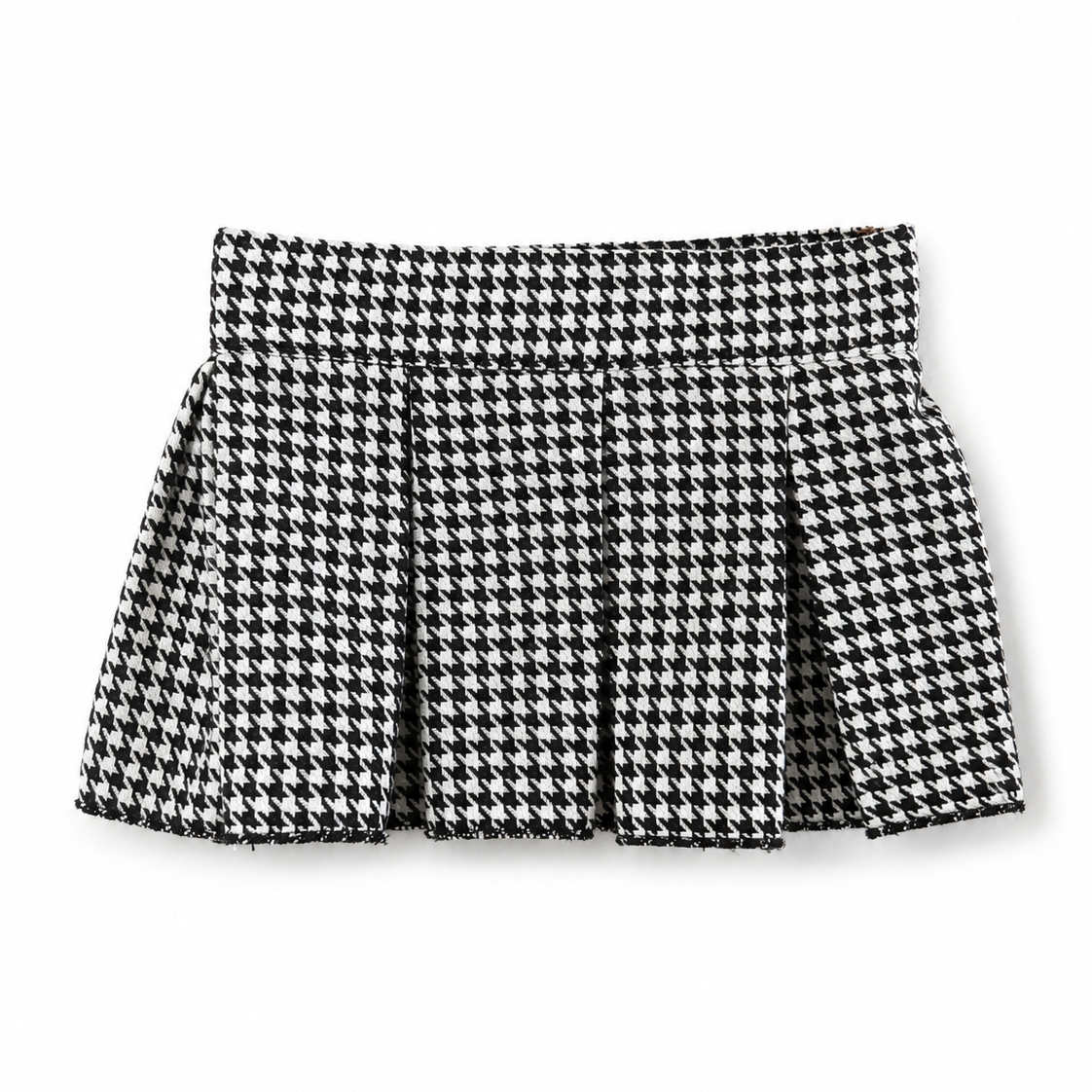 A black and white houndstooth pleated mini skirt with a frayed edge, shown flat against a white background.