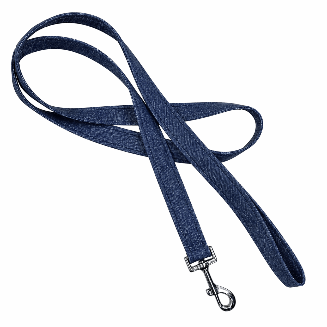 Blue denim dog leash with a metal clip on a white background
