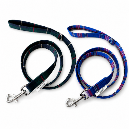 Two plaid dog leashes with silver metal clamps on a white background. The leash on the left is dark green with red and white stripes, and the leash on the right is blue with purple and red stripes.