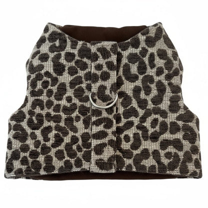 Leopard print dog harness on a white background