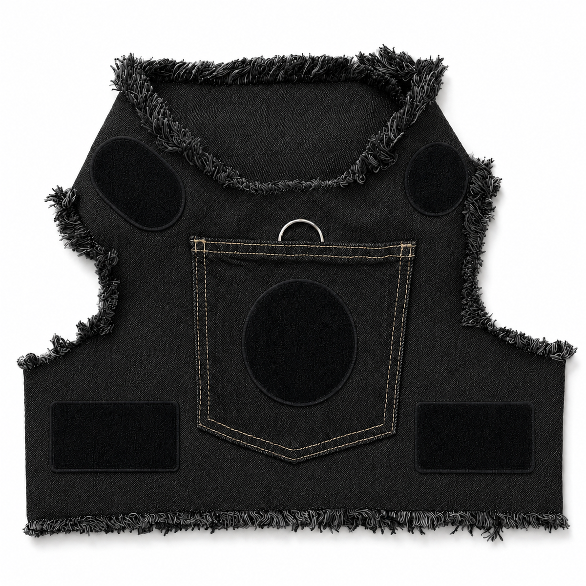 A black denim-style vest or harness with raw, frayed edges, featuring a front pocket with a metal ring, circular velcro patches, and rectangular velcro patches on a white background.