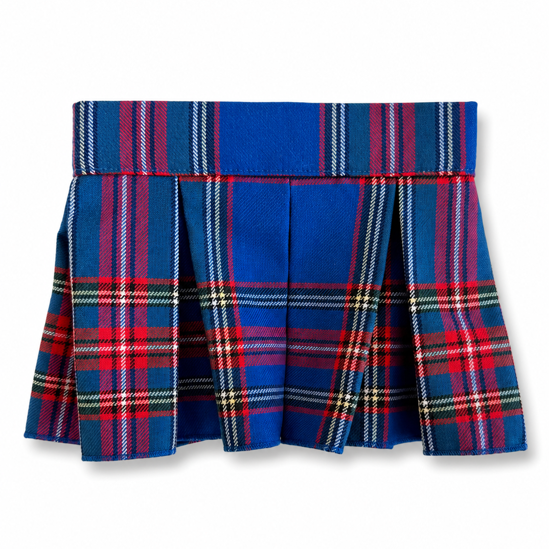 A pleated tartan skirt in royal blue with red, green, and white plaid stripes, shown flat against a white background.