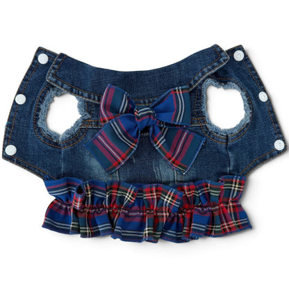 A blue denim pet vest with a large red plaid bow at the center, and a matching ruffled trim along the bottom edge, shown against a plain white background.